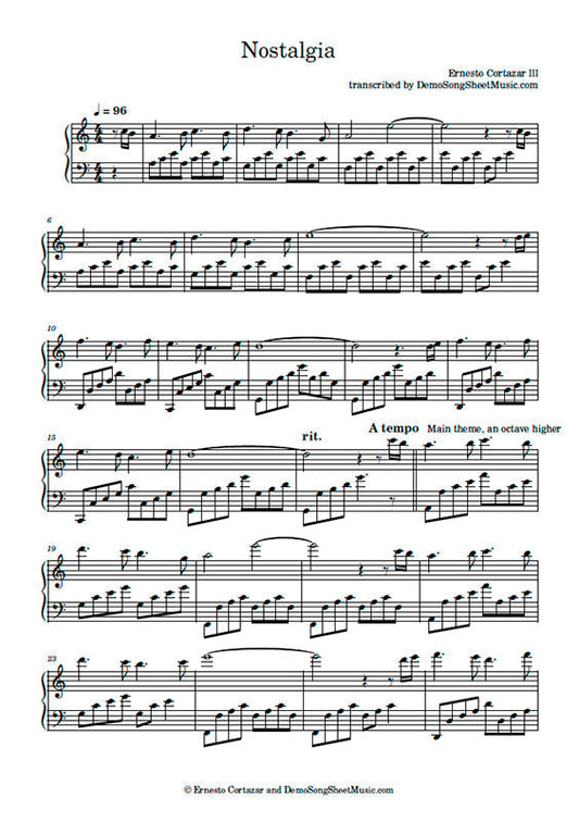 Nostalgia - Piano Sheet Music now available on ErnestoCortazar.net