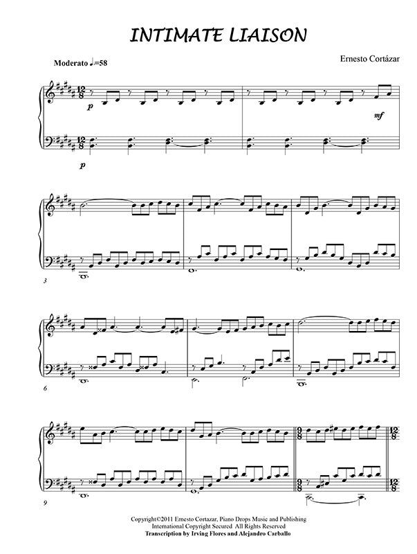 Intimate Liaison Piano Sheet Music Composed by Ernesto Cortazar