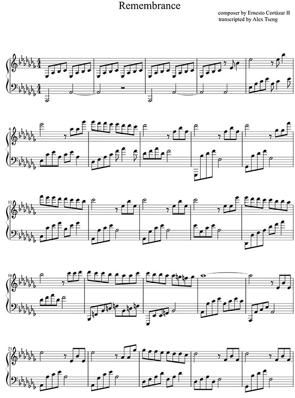 Remembrance Piano Sheet Music Composed by Ernesto Cortazar