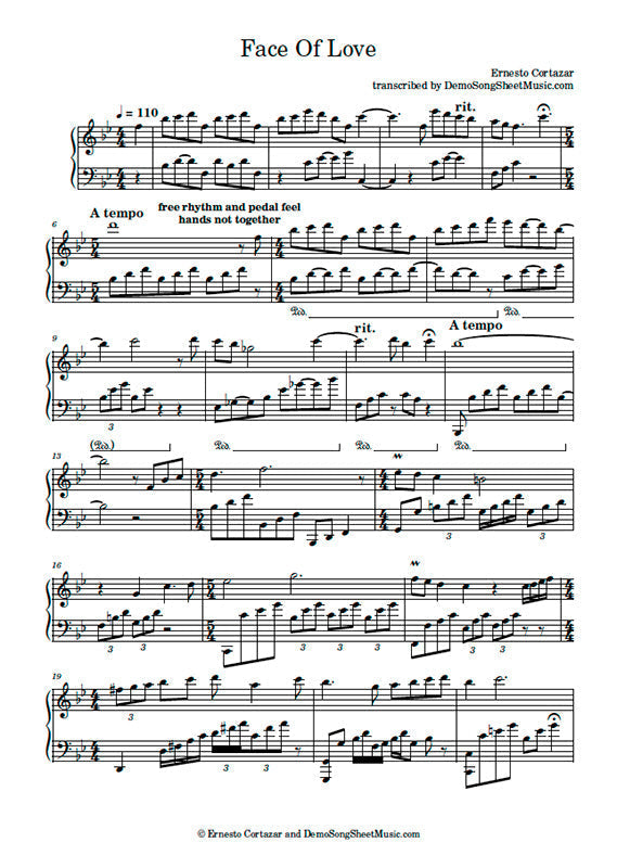 Face Of Love - Piano Sheet Music now available on ErnestoCortazar.net