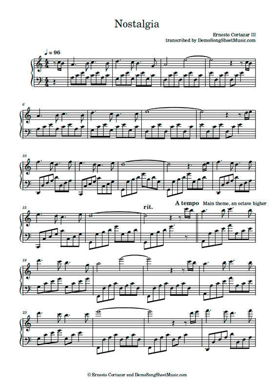 Nostalgia - Piano Sheet Music now available on ErnestoCortazar.net