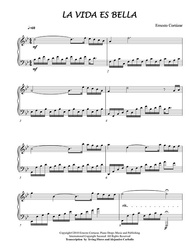 La Vida Es Bella Piano Sheet Music Composed by Ernesto Cortazar