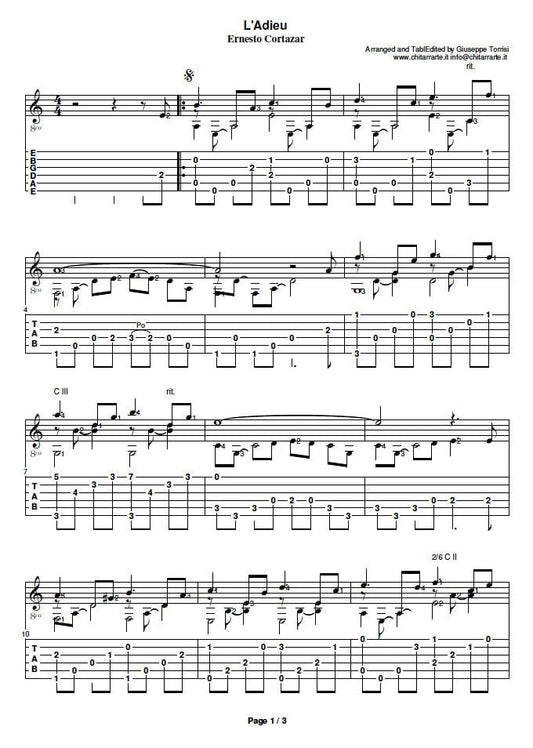 L'adieu Guitar Sheet Music Composed by Ernesto Cortazar