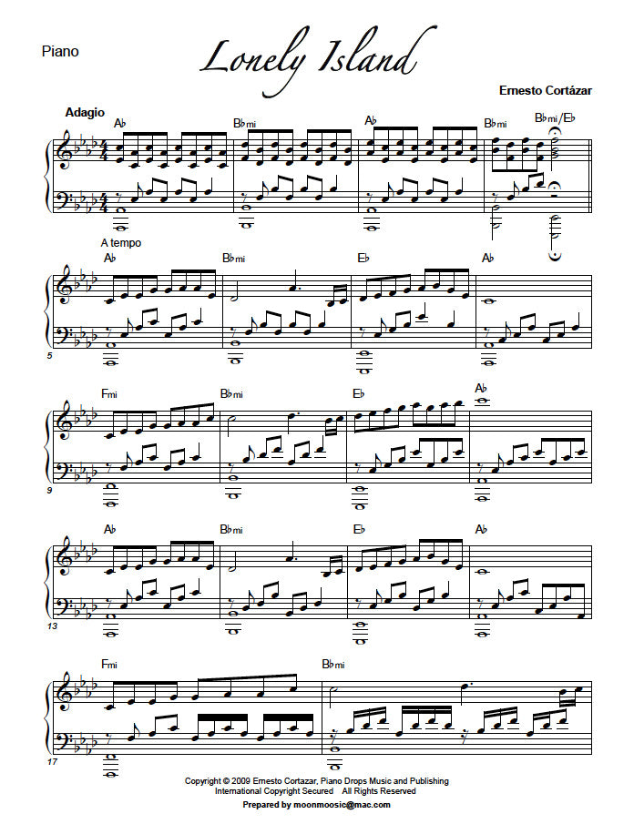 Lonely Island Piano Sheet Music Composed by Ernesto Cortazar