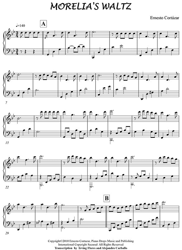 Morelia's Waltz Piano Sheet Music Composed by Ernesto Cortazar
