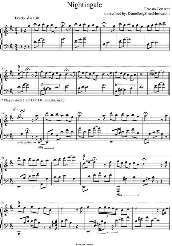 Nightingale Piano Sheet Music Composed by Ernesto Cortazar