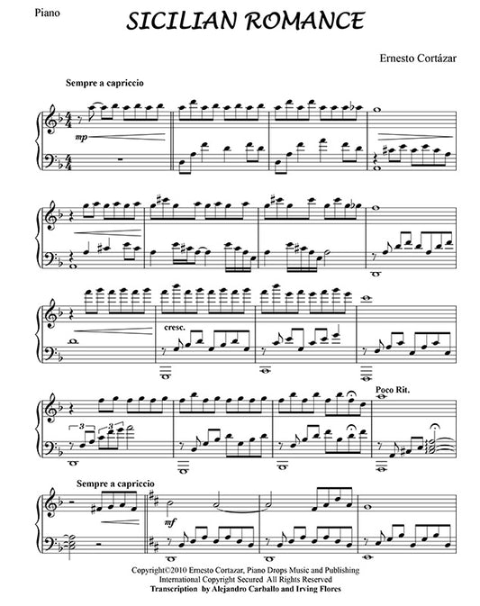 Sicilian Romance Piano Sheet Music Composed by Ernesto Cortazar